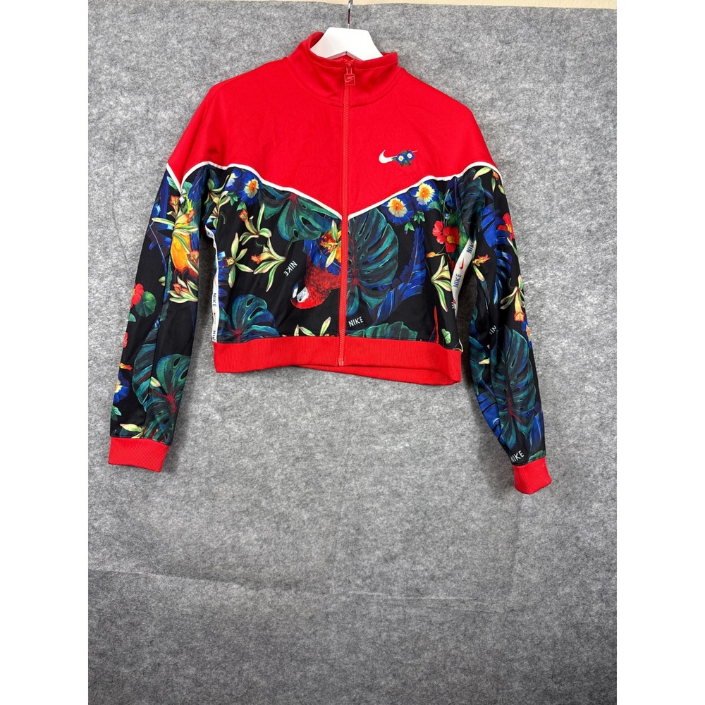 Nike Sportswear Womens Tropical Floral Parrot Cropped Track Jacket Red Black M